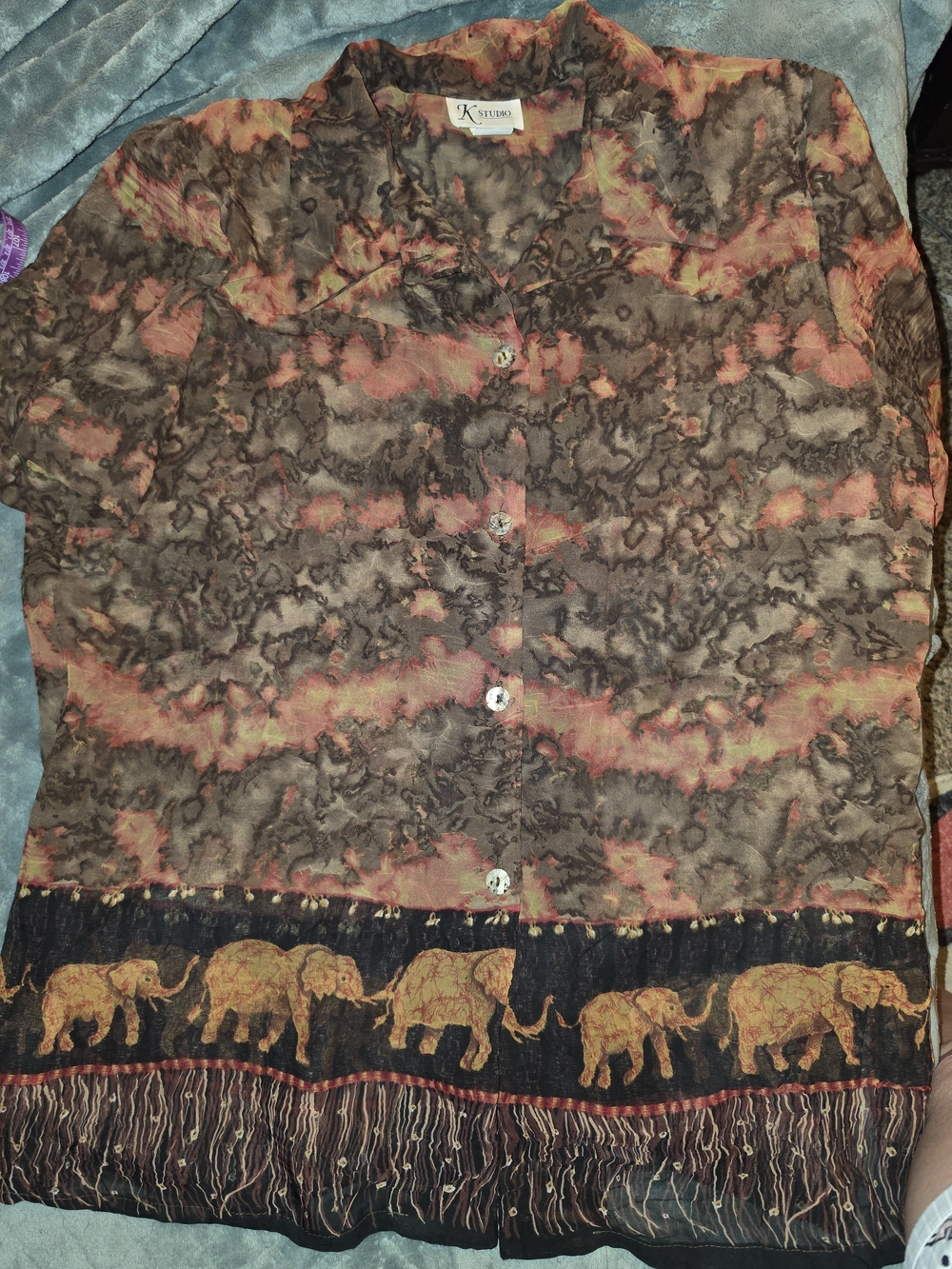 Vintage K Studio Elephant Border Print Blouse Shirt Jacket Sheer Crinkle Sz 16